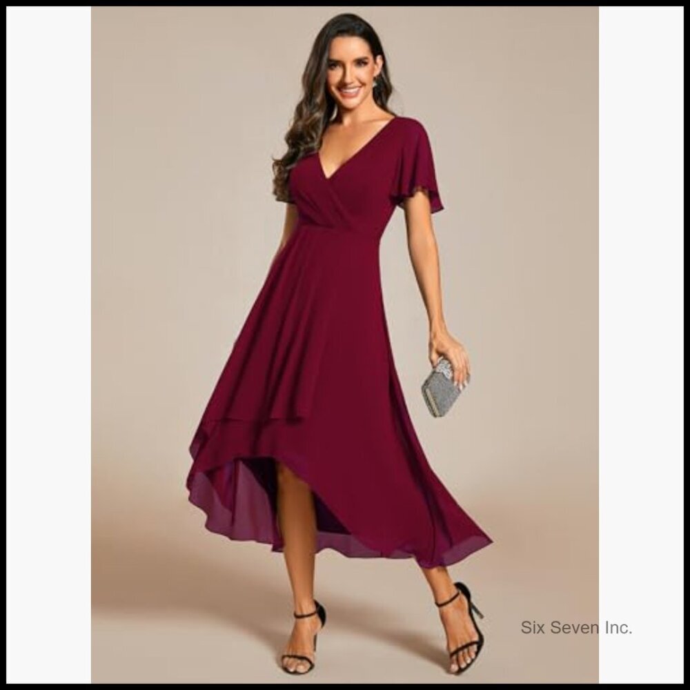 Chiffon V-Neck Ruched Midi High Low Formal Dress Short Sleeves - Picture 4 of 7